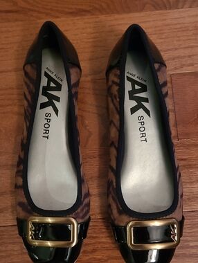 Anne Klein Brown and Black Tiger-Print Flats with Gold Buckle